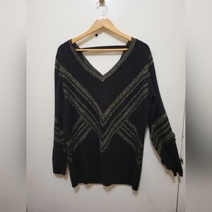 VENUS Black Sweater with Gold V-Neck Design